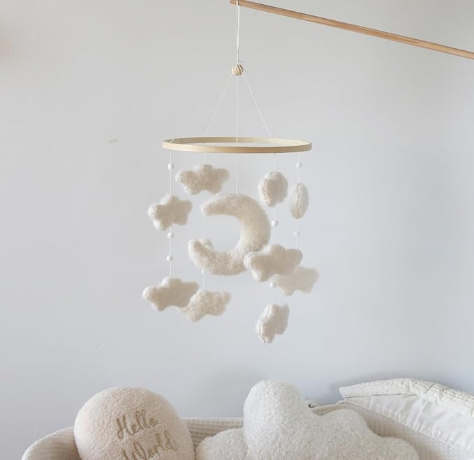 Boucle Cloud Moon Crib Mobile Boho Baby Mobile for Crib Neutral Nursery Mobile for Boys & Girls