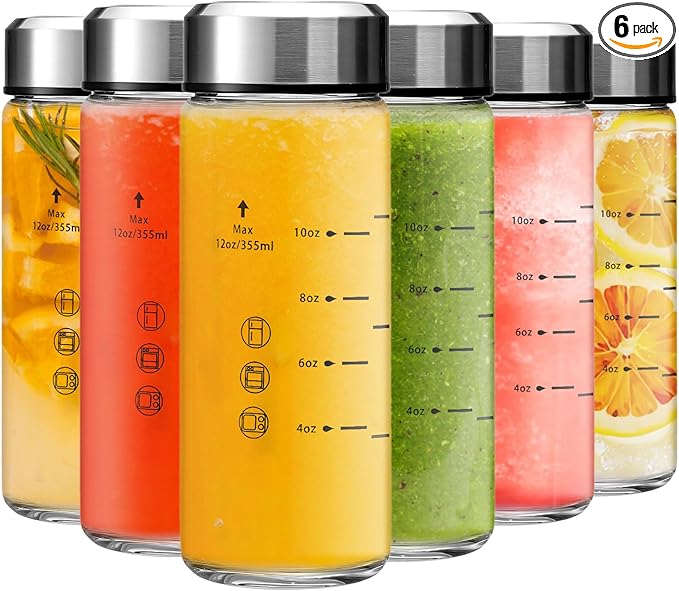 12oz Glass Juice Bottles - 6 Pack Wide Mouth Glass Bottles with Lids- BPA Free, Stainless Steel Lids for Juicing, Smoothies, Infused Water, Beverage Storage - Leakproof, Borosilicate, Clear