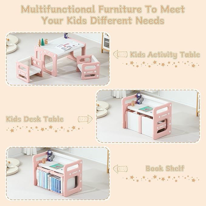 3 in 1 Montessori Weaning Table and 2 Chairs Set, Kids Desk and Chair Set, 2 Height Levels, Toddlers Activity Table for Drawing, Dining, Reading and Playing, Pink
