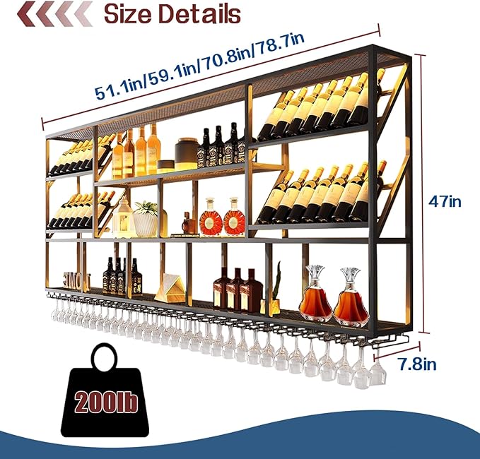 51Inch Wall Mounted Wine Rack, 3 Tiers Large Bar Shelves with 12 Glass Holder, Metal Wine Bottle Display Shelf, Modern Iron Liquor Shelf, for Kitchen Dining, Home Bar, Cellar (51.1" W)