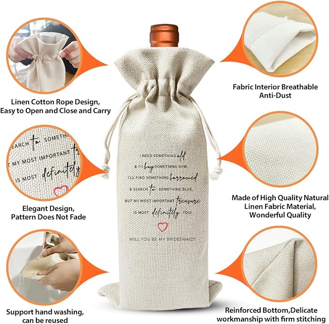 Bridesmaids Proposal Gift For BFF, Burlap Wine Bag, Wedding Party Favor, Bachelorette Party Gift Decor, Bridal Shower Party Supply for Boxes, Wedding or Engagement Gift, Maid of Honor Proposal Ideas