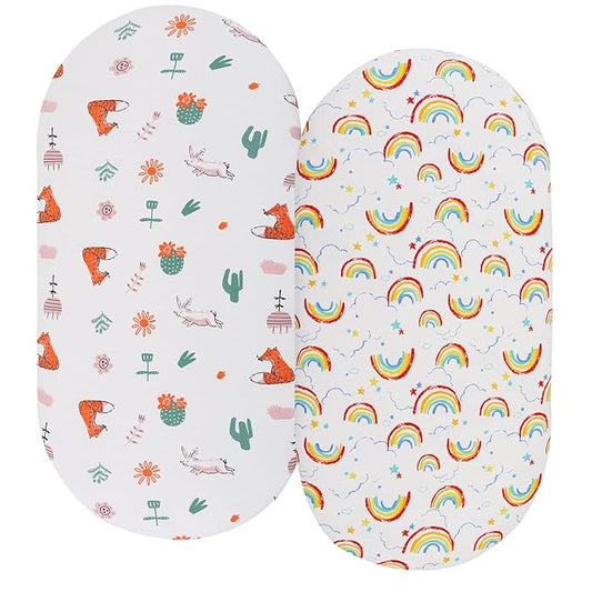 Bassinet Sheets (33" x 19") Compatible with Mika Micky, Baby Delight, Dream On Me, Amke and Other Rectangle Mattress, 2 Pack Fitted Sheets, 100% Jersey Knit Cotton 190GSM, Fox Rabbit and Rainbow