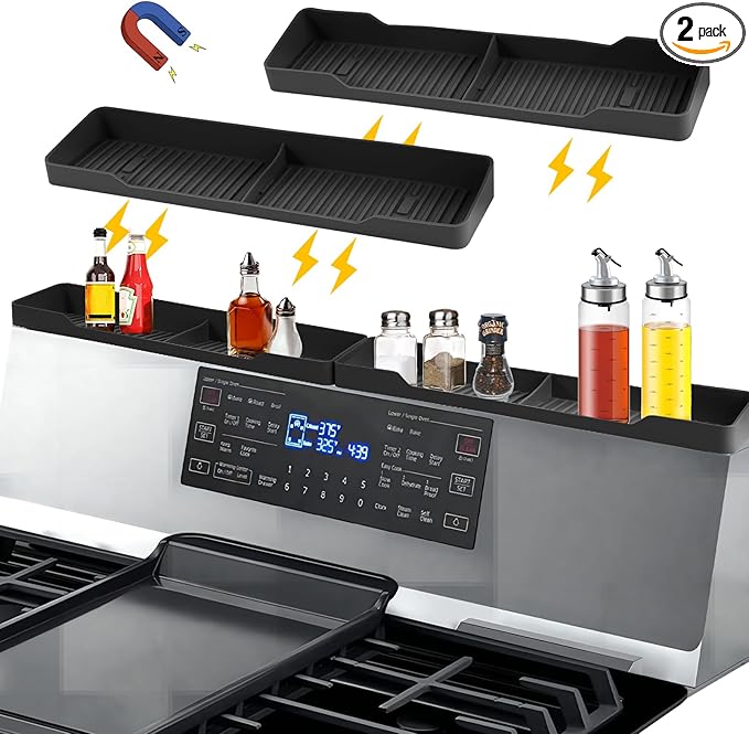 30″ Magnetic Silicone Stove Top Shelf for Back of Stove, Kitchen Spice Rack for Oven Shelf (Black)