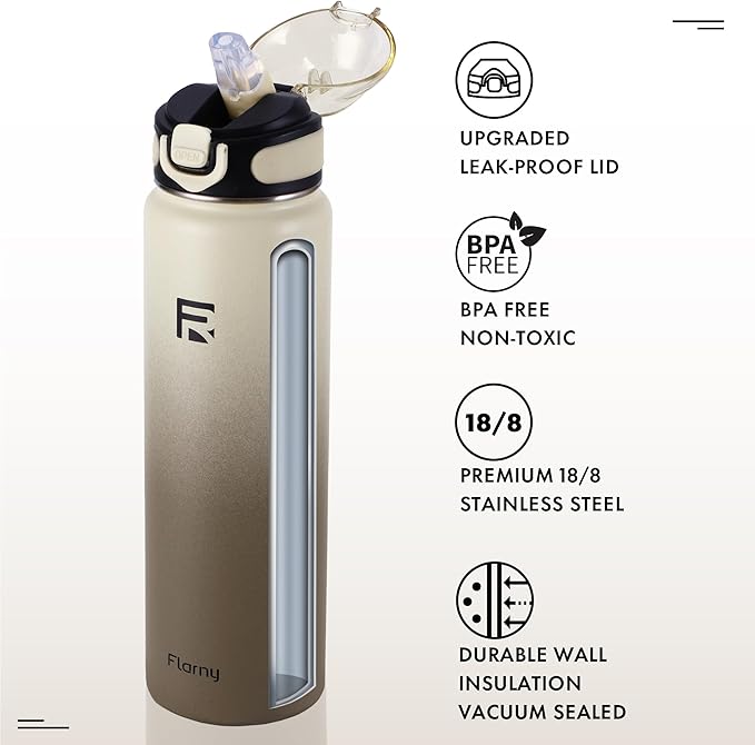 32 oz Insulated Water Bottle with Straw, Stainless Steel Metal Thermos Bottles, Durable Non-Slip Gradient Bottle with Strap for Sports and Travel, Leak Proof (White Gray)