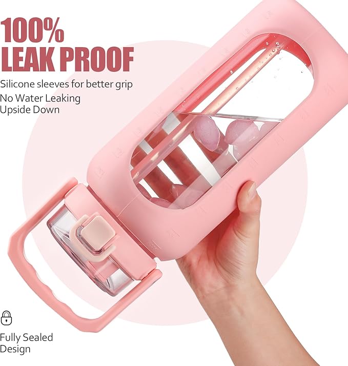 BLUEGO 64oz Glass Water Bottle with Handle and Straw, Motivational Sports Water Bottle with Time Marker and Silicone Sleeve Leakproof Drinking Bottle for Travel Gym Workout, Pink