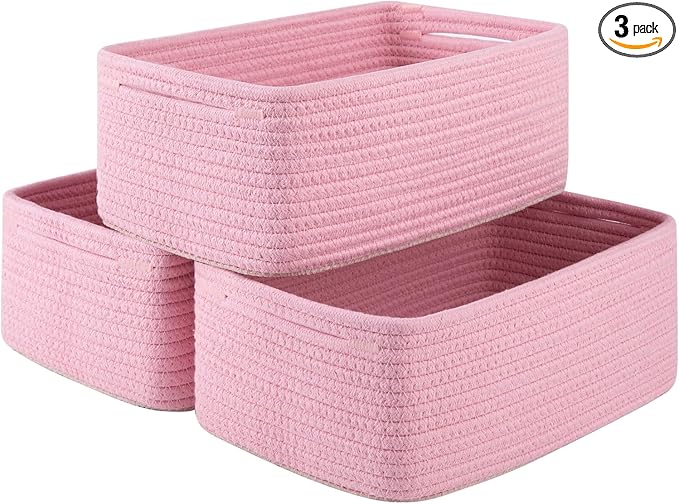 3 Pack Small Storage Baskets for Organizing, Cute Woven Decorative Gift Baskets for Shelves, Mini Closet Organizer Bins with Handles, 11.81''Lx7.87''Wx4.72''H-Pink