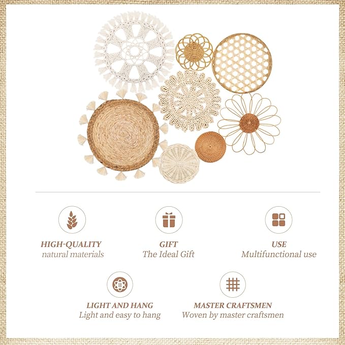 Boho Wall Basket Decor Set of 8 - Flat Woven Basket Wall Hanging Decor,Round Tassels White Macrame Tapestry Wall Decor Art,Handmade Rattan Wicker Seagrass Home Wall Baskets Decor（Boho Classic)