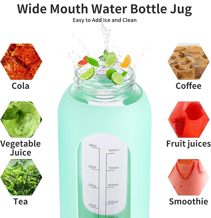 32 oz Glass Water Bottle with Straw and Handle, Sports Motivational Water Flask with Silicone Sleeve, Large Leakproof Water Flask Cup with Time Marker for Travel, Gym, Seafoam