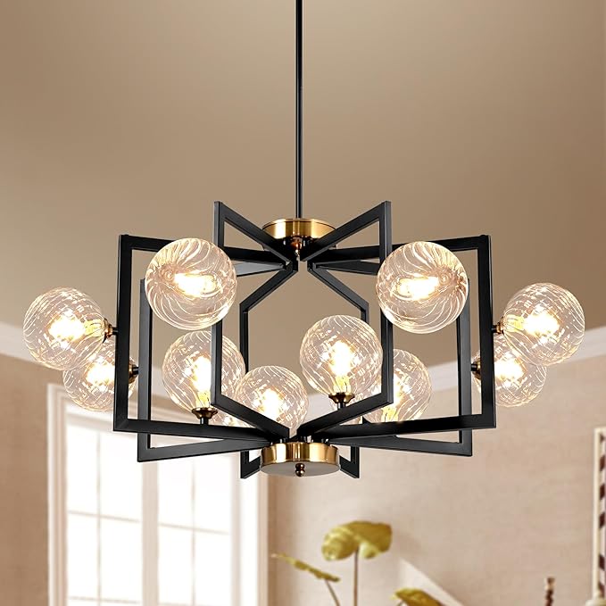 12 Light Black Farmhouse Chandelier Geometric Metal Dining Room Light Fixture Height Adjustable Black Chandeliers for Dining Room Clear Glass Farmhouse Industrial Pendant Lights for Bedroom, Entryway