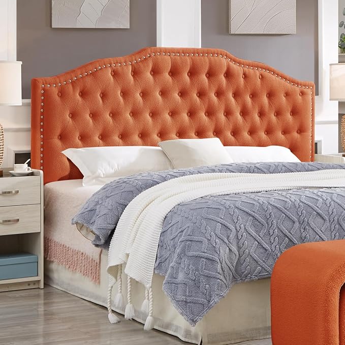 24KF Upholstered Button Tufted King Size Headboard with Nailhead Trim, Elegant Boucle Fabric California King headboard, 6031-K-Boucle-Orange
