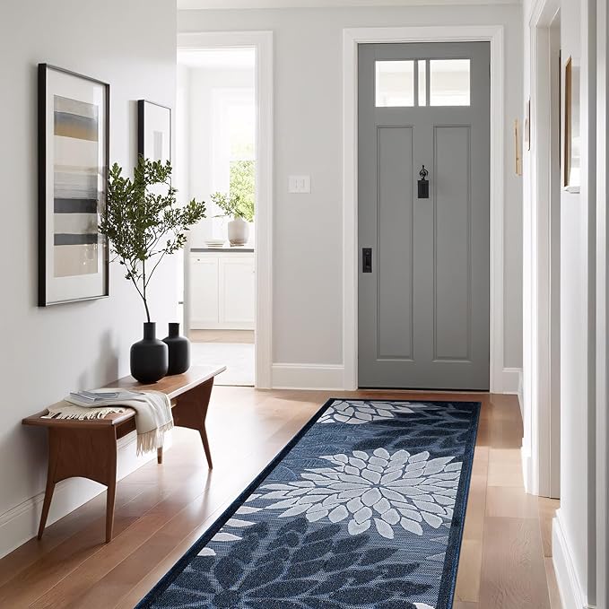 Beverly Rug Outdoor Runner Rug 2x7 Modern Floral Tropical Area Rugs for Indoor and Outdoor Patio Easy to Clean Non Shedding Living Room Porch Garden Washable Outside Carpet (2 x 7 Navy Blue)