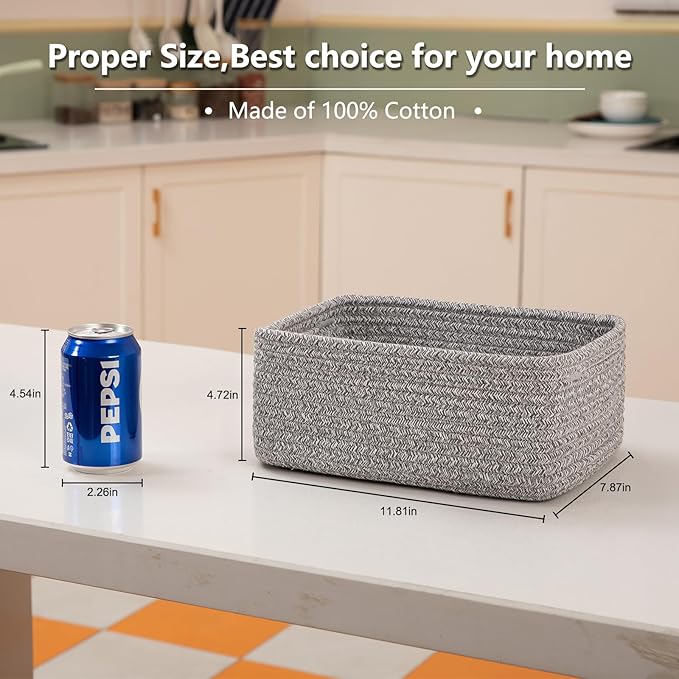 4 Pack Small Storage Shelf Baskets for Organizing, Mini Woven Rope Storage Bins for Towels, Cute Decorative Closet Organizer，Baby Nursery, Gift Empty Baskets -11.81''Lx7.87''Wx4.72''H-Grey
