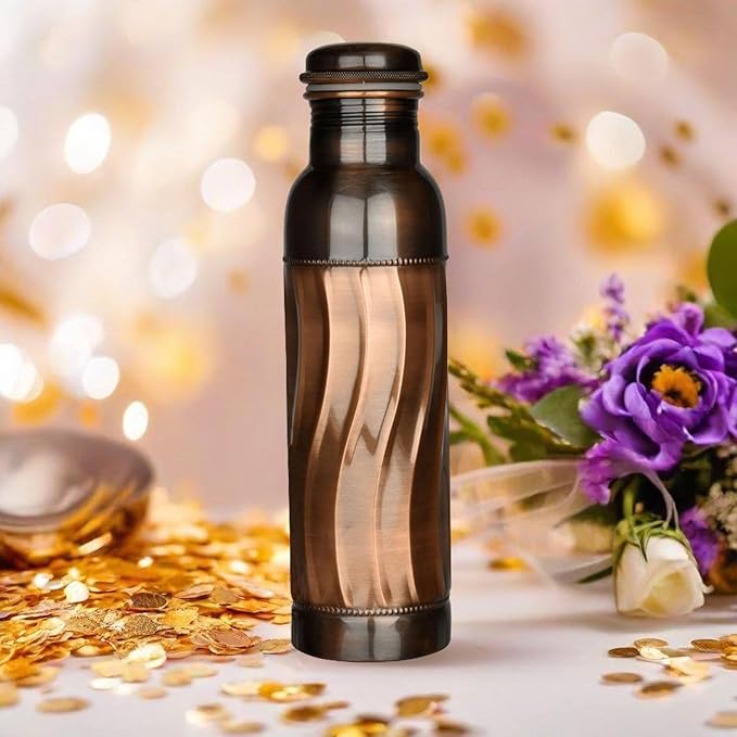 Black Wave Copper Water Bottle - Pure Copper Vessel for Drinking - Drink More Water, Lower Your Sugar Intake And Enjoy the Benefits Immediately (Design 39)