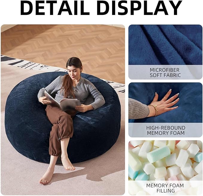 Bean Bag Chair 5Ft, Memory Foam Filled, Large Beanbag Chairs for Adults and Teens, Soft Sofa with Removable Flannel Cover, Round Couch for Living Room Bedroom College Dorm (Blue, 5FT-60×60"×24")