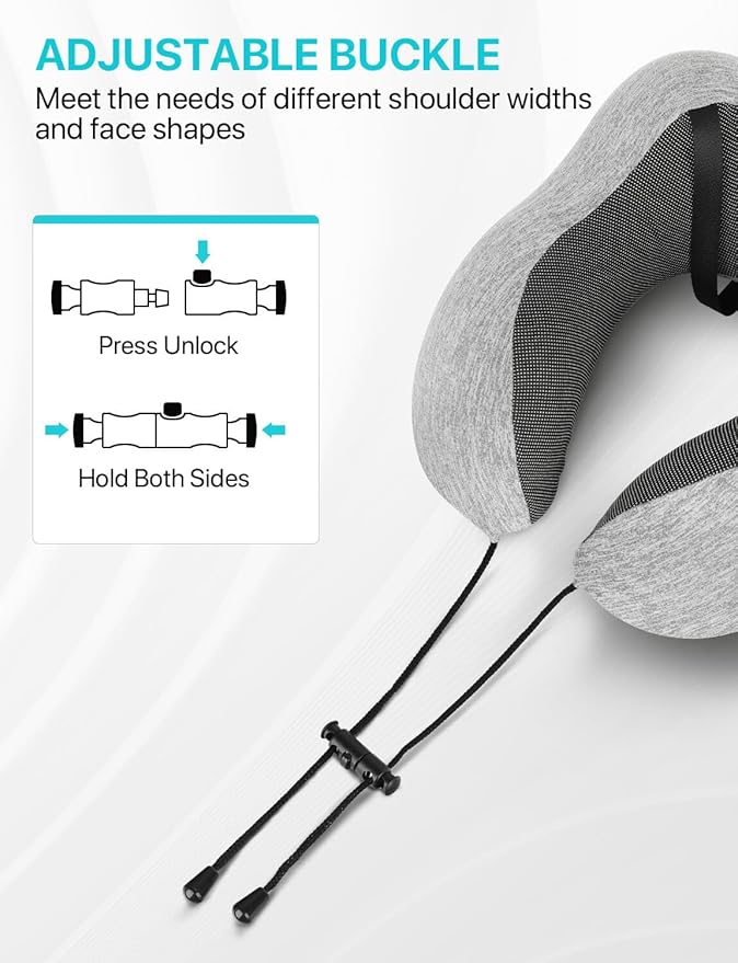 ALLJOY Travel Neck Pillow for Sleeping-Prevents Head Forward,100% Pure Memory Foam Travel Pillow with Eye Mask, Adjustable Clasp, and Seat Strap - Comfort Travel Kit for Airplane, Train, Car