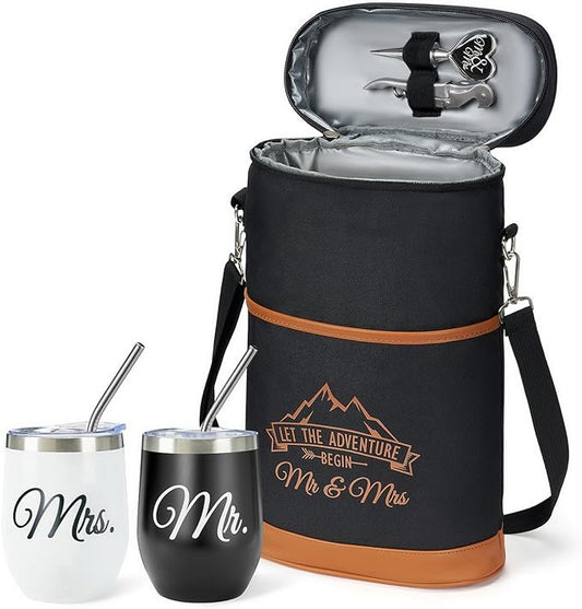 AW BRIDAL Mr and Mrs Gifts Bridal Shower Gifts His and Hers Gifts Wedding Gifts, Couple Engagement Gifts- Wine Gift Bag Wine Cooler Bag Insulated Wine Carrier Tote with Tumblers