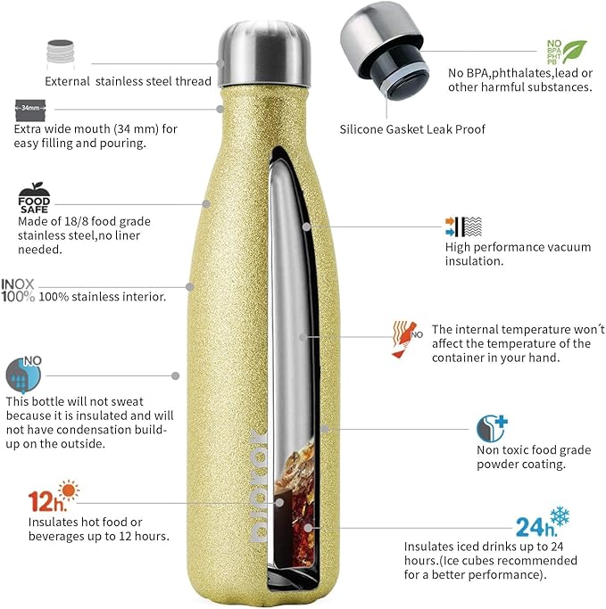 BJPKPK Insulated Water Bottles -17oz/500ml -Stainless Steel Water Bottles,Sports Water Bottles Keep Cold for 24 Hours and Hot for 12 Hours,BPA Free Water Bottle,Glitter Gold