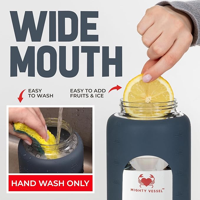 64oz Glass Water Bottle | Blue Water Bottle with Straw & Time Marker | Half Gallon Water Bottle with Measurements & Silicone Sleeve | Suitable for Travel, Gym, Sports & Daily Intake