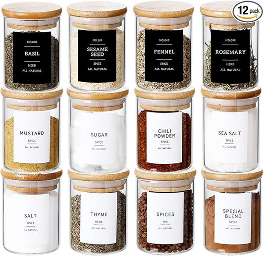 12 Pcs Glass Spice Jars With 296 Spice Labels Preprinted of White and Black Color- 6oz Thicken(2.4mm) Spice Containers With Bamboo Airtight Lids - Empty Small Herb Seasoning Jars