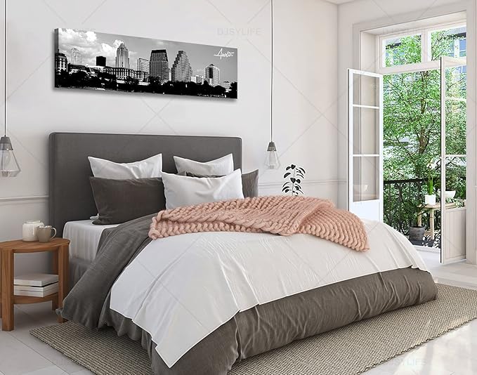 Austin Skyline Wall Art Black and White City Building for Living Room Cityscape Canvas Print Modern Home Decor Artwork Framed 14x48 Inch 1 Panels Panorama Pictures Landscape Poster Decoration