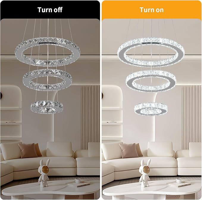 Buccleuch LED Crystal Chandeliers, Dimmable LED Pendant Light Fixture 3-Ring Adjustable Stainless Steel Ceiling Light, Silver Crystal Chandeliers for Dining Room, Bedroom, Living Room - ETL Listed