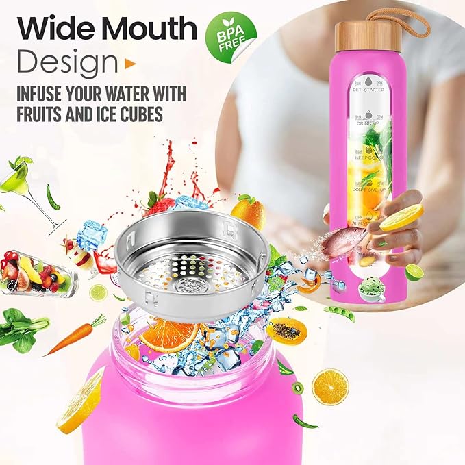 Aqulea Glass Water Bottles 32 Oz with Silicone Sleeve - BPA Free Reusable Wide Mouth Glass Motivational Water Bottles with Fruit Infuser – Leak Proof Borosilicate Water Bottle with Time Marker (Rose)