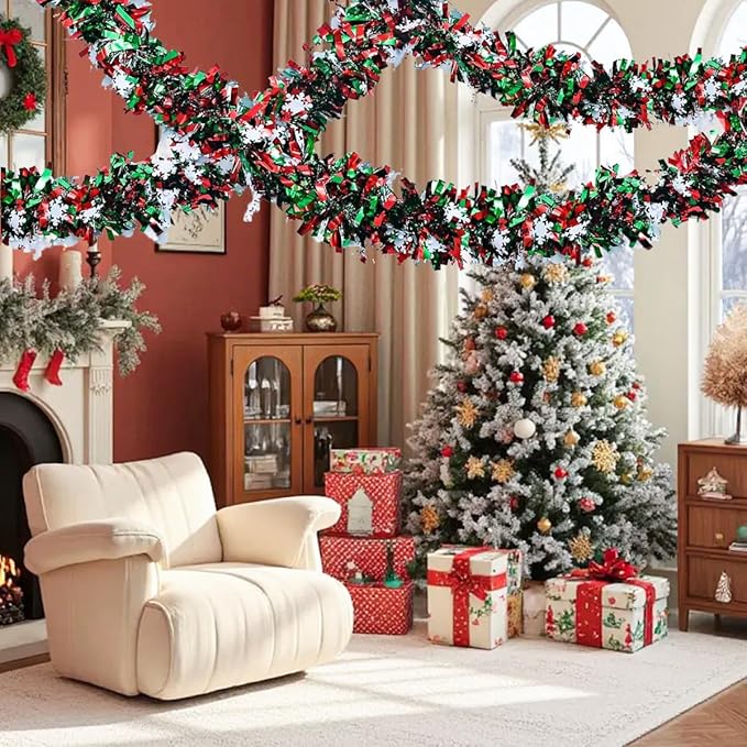 50 Feet Green Red Christmas Metallic Tinsel Twist Hanging Garland with Snowflake for Home Mantle Xmas Tree Staircase Railing New Year Holiday Party Indoor Outdoor Decorations（2 Pcs）
