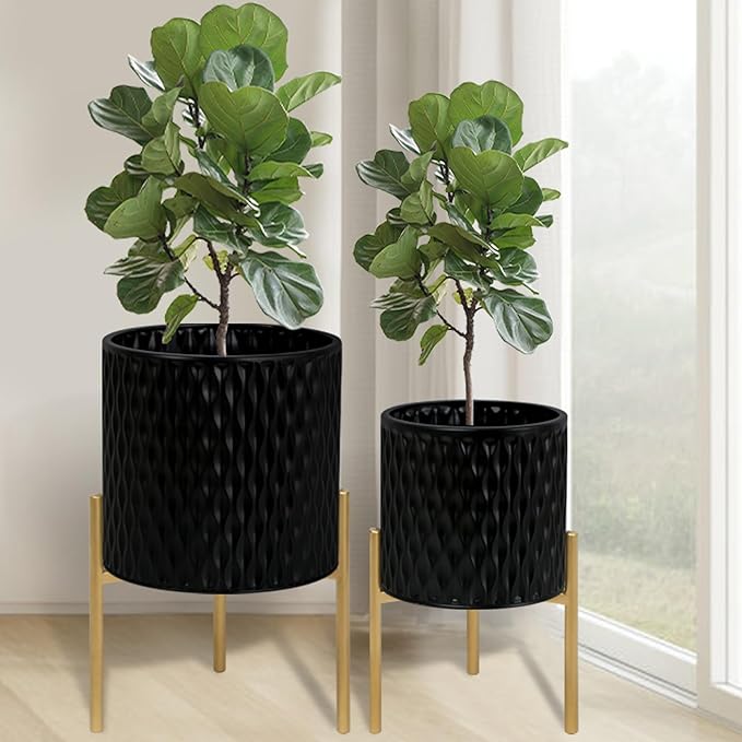 ARNIS Plants Pots with Stand, Set of 2 Planters, Unique Mid Century Decorative Metal Flower Pots with Drainage, 8.25 & 10.5 Inch, Black