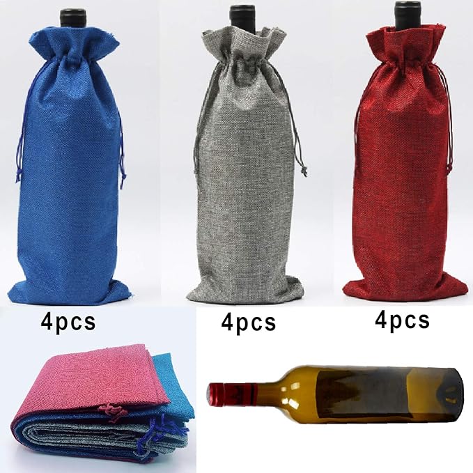 12 Pack Burlap Wine Bag Wine Bottle Gift Bags Pouches with Drawstring for Wedding Party Favors Christmas Holiday and Wine Tasting Party (Wine Red, Gray, Blue)