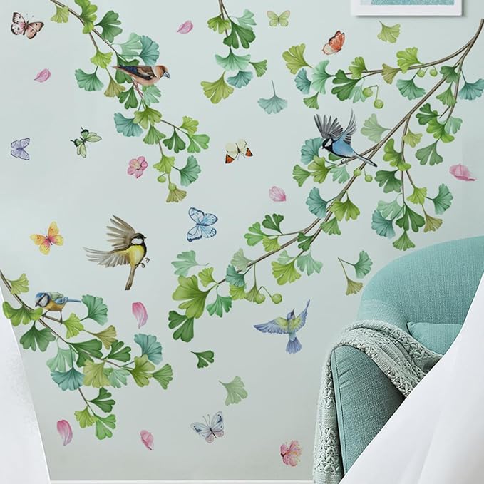 Butterfly, Bird, Decal, Green Leaf Wall Sticker, Ivy Vine Plant Wall Sticker, Living Room, Bedroom, Sofa, TV Background Wall Decoration