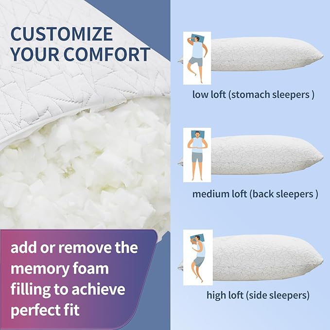 Bed Pillows for Sleeping, Shredded Memory Foam Pillows Adjustable Cooling Pillow for Side Back Stomach Sleepers,King Size Bed Pillow 1 Pack