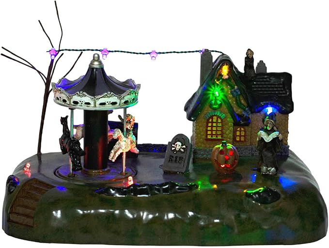Animated Halloween Carousel Village House, LED Spooky Festival Display Collection Battery Operate, Indoor Use only