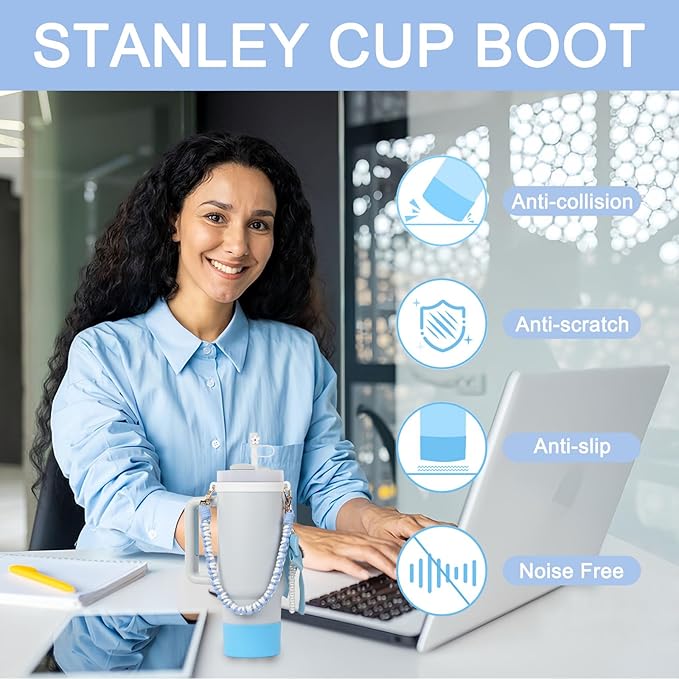 BELSITA Stanley Cup Accessories Set, Bow Pearl Chain Braided Design Water Bottle Handle Strap, Silicone Stanley Cup Boot, Stanley Charms for Stanley Cup 30/40oz Tumble (Blue)