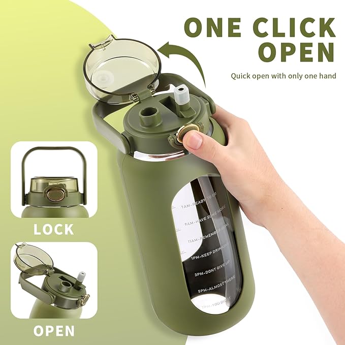 64oz Glass Water Bottle with Straw and Handle - Half Gallon Motivational Water Jug with Time Marker and Silicone Sleeve, Leak proof Wide Mouth Water Flask for Gym, Sports, and Daily Use (Green)