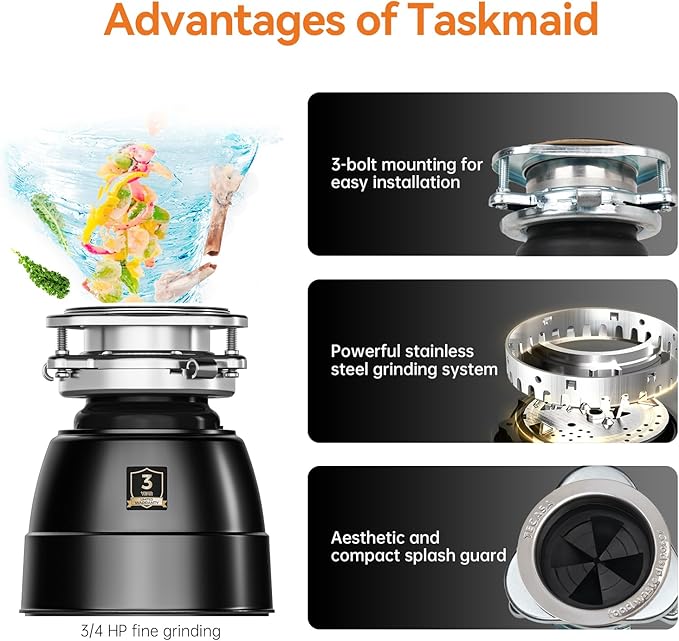 3/4 HP Garbage Disposal, TECASA Food Garbage Disposal with Power Cord, Stainless Steel Grinding System and 3-Bolt Mounting, Continuous Feed Garbage Disposals, Quiet, Taskmaid Series 75