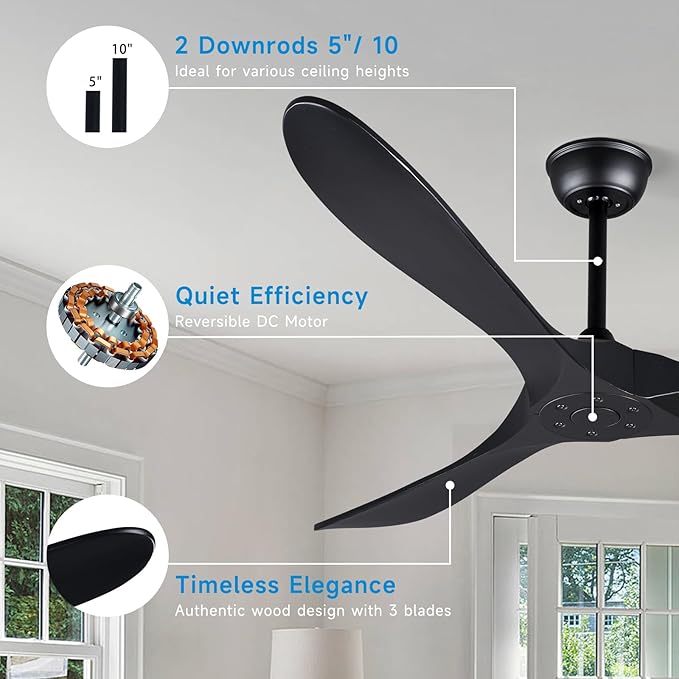 Bigzone 60" Black Ceiling Fan No Light, Energy Efficient DC Motor, 3 Brown Balsa Wood Blades, Wood Ceiling Fan with Remote Control, Reversible Blades