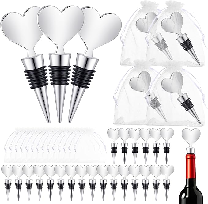 Blank Heart Shape Wine Stopper Stainless Steel Beer Stopper Blank Board Stopper with White Sheer Organza Bags Wedding Favor for Guests Wine Party Gifts Bridal Shower(Silver,24 Sets)