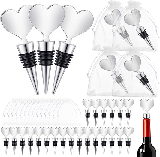 Blank Heart Shape Wine Stopper Stainless Steel Beer Stopper Blank Board Stopper with White Sheer Organza Bags Wedding Favor for Guests Wine Party Gifts Bridal Shower(Silver,24 Sets)