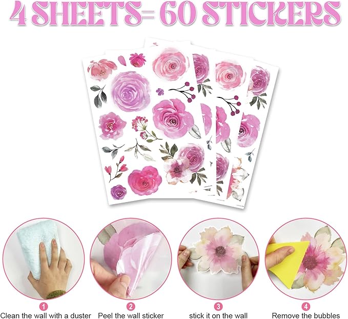 60 Pcs Flower Wall Decals, Watercolor Leaves Wall Stickers Flower Decor for Girls Bedroom Computer Lockers Living Room, 4 Sheets