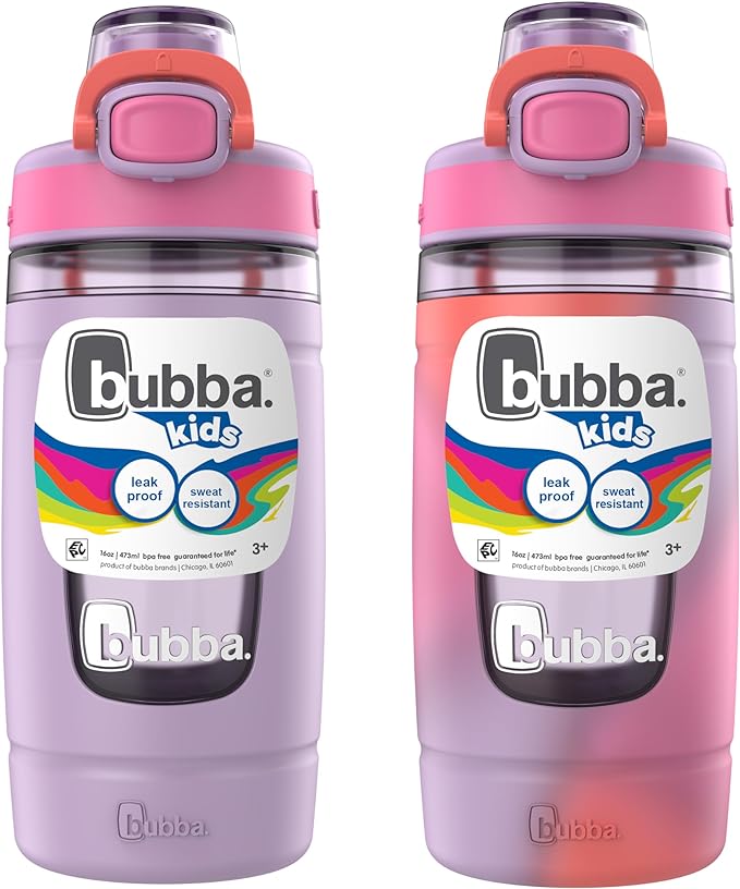Bubba Kids Flo Silicone Sleeve and Wide Mouth, 16oz, 2-Pack Water Bottle, Medium, Lavender Frost; Lavender Frost Tie Dye