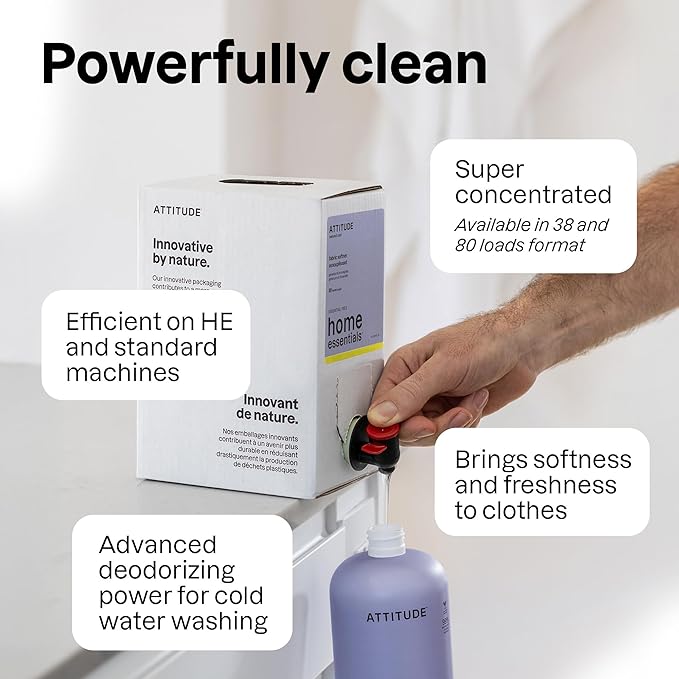 ATTITUDE Liquid Fabric Softener, Natural Origin Ingredients, For White and Colored Clothing, Deodorizes, Gentle on Delicate skin, Infused With Essential Oils, Geranium & Lemongrass, 38 Loads, 32 Fl Oz