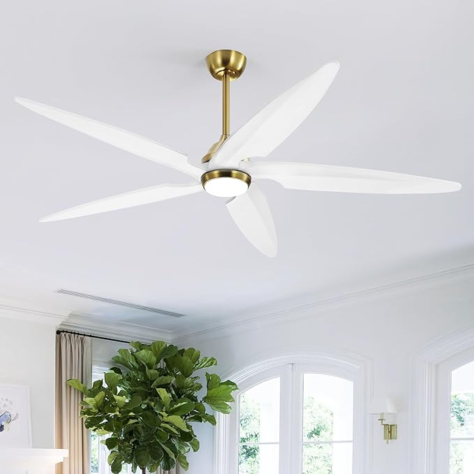 54 Inch Modern Ceiling Fan with Lights and Remote, 5 Wood Blades, 6-Speed Noiseless Reversible DC Motor with Replaceable Downrods for Bedroom Living Room Dining Room, White and Gold.