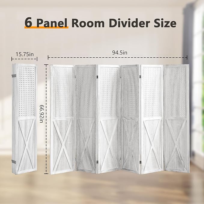 6 Panel Pegboard Room Divider, 5.6Ft Pegboard Display Folding Privacy Screens, Wood Room Divider Peg Board Display Freestanding for Trade Show Craft Show Home Wall Organizer, Retro White
