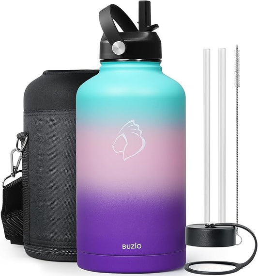 BUZIO 64oz Insulated Water Bottle Stainless Steel Double Wall Leak Proof Half Gallon with Straw Lid and Flex Cap (Cold for 48 Hrs) Sports Flask Metal Travel Mug for Hiking Cycling, Hydrangea