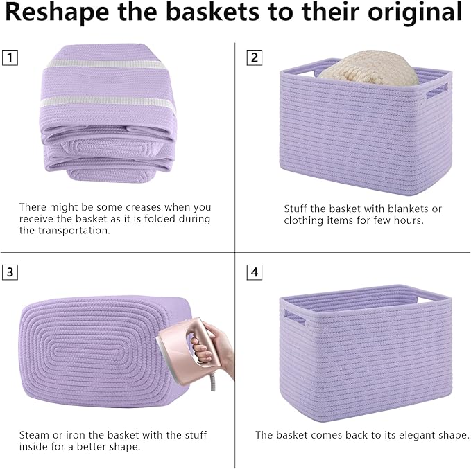 4 Pack Storage Baskets for Organizing Toys, Towels, and Clothes, Woven Basket for Shelves, Sturdy Nursery Cube Bins for Storage, 13''L x9''W x7.8''H, Purple