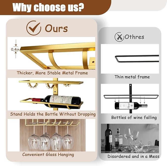 10 Bottle Wall Mount Wine Rack with Wine Glass Holder, Metal Wine Wall Rack, Wall Racks for Wine Bottles Display and Storage, Hanging Bottle Organizer for Living Dining Room Wine Cellar Bar (Gold)