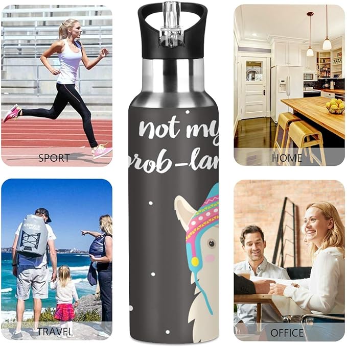 Blueangle Cartoon Llama Water Bottle with Straw Lid for Fitness Gym Camping Outdoor Sports, Wide Mouth Vacuum Insulated 18/8 Stainless Steel, 22 oz