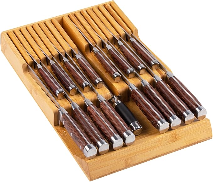 Bamboo Kitchen Drawer Knife Holder, In-drawer Knife Block, Knife Drawer Organizer fit for 16 knives and 1 steel sharpening