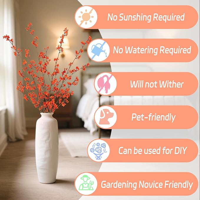 4Pcs Fake Flowers Blossom Branches Artificial Flowers for Indoor Decor, Faux Long Stem Realistic Indoor Plants for Vase Wedding Home Office Bedroom Party Table Centerpieces Decor