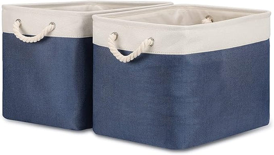 Bidtakay Fabric Storage Baskets with Handles for Organizing 16" x 11.8" x 11.8" Navy Blue Baskets [2-Pack] Shelf Baskets Large Canvas Collapsible Bins for Closet (White&Blue)